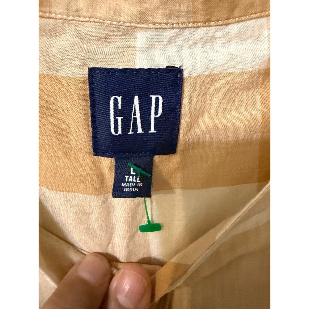 Gap Womens LG Tall Tan White Gingham Plaid Band Collar Button Down Blouse Top - Picture 3 of 3